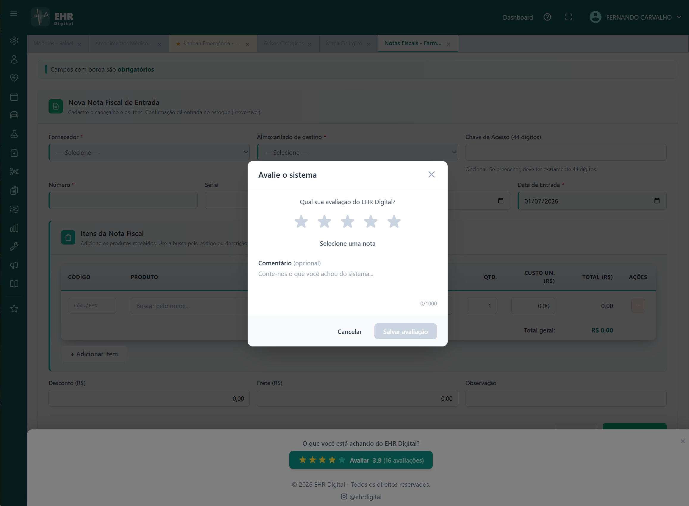 Modal Avalie o sistema com estrelas e comentário — EHR Digital