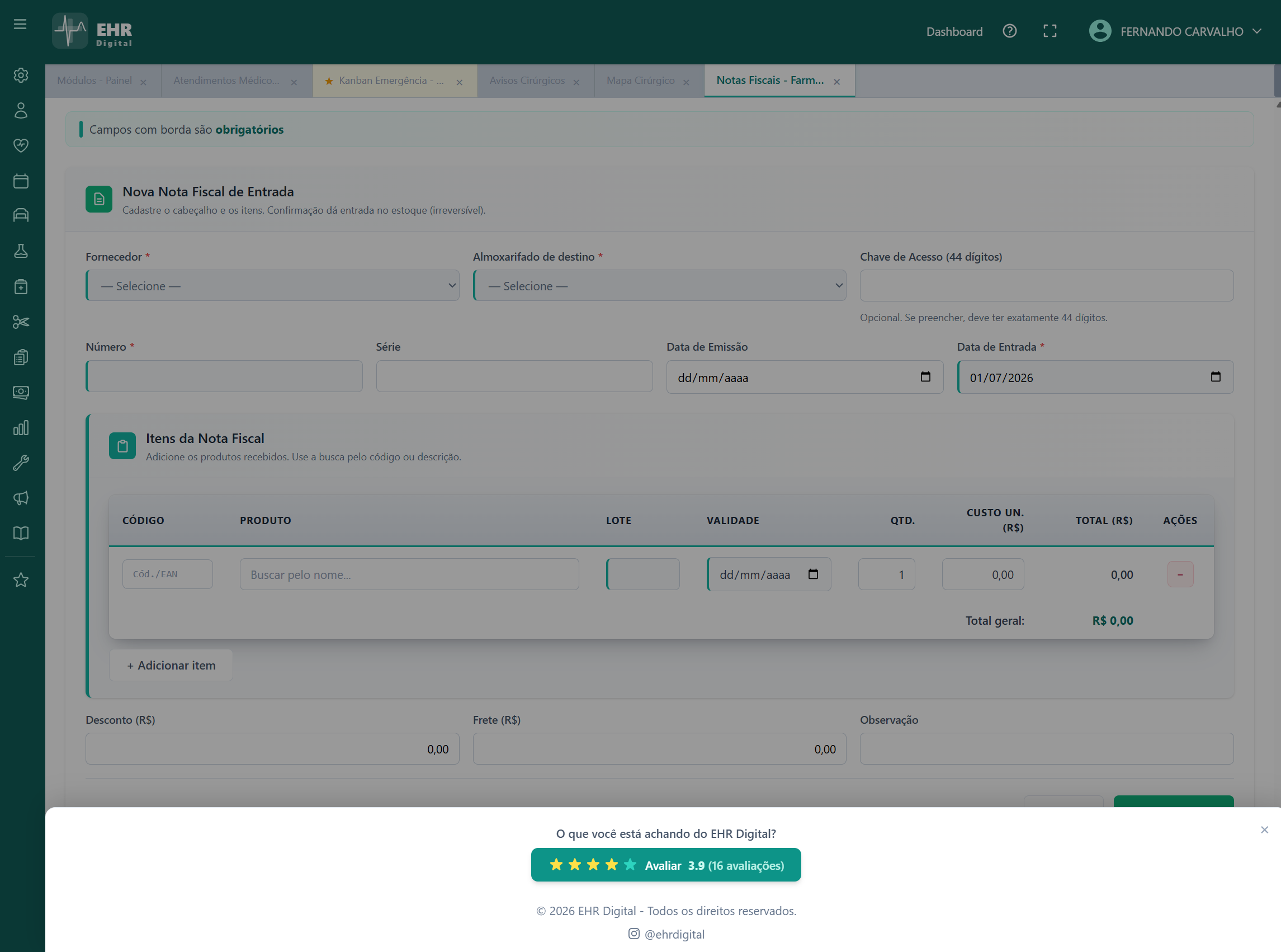Avaliação do sistema pelo usuário — EHR Digital