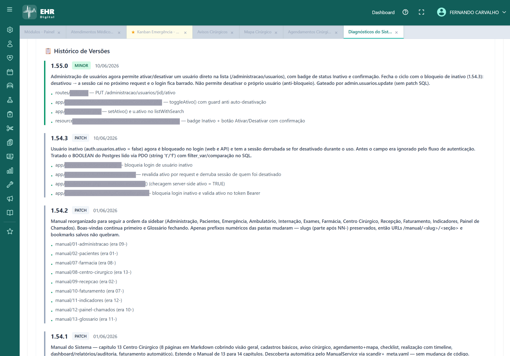 Diagnósticos do Sistema — EHR Digital